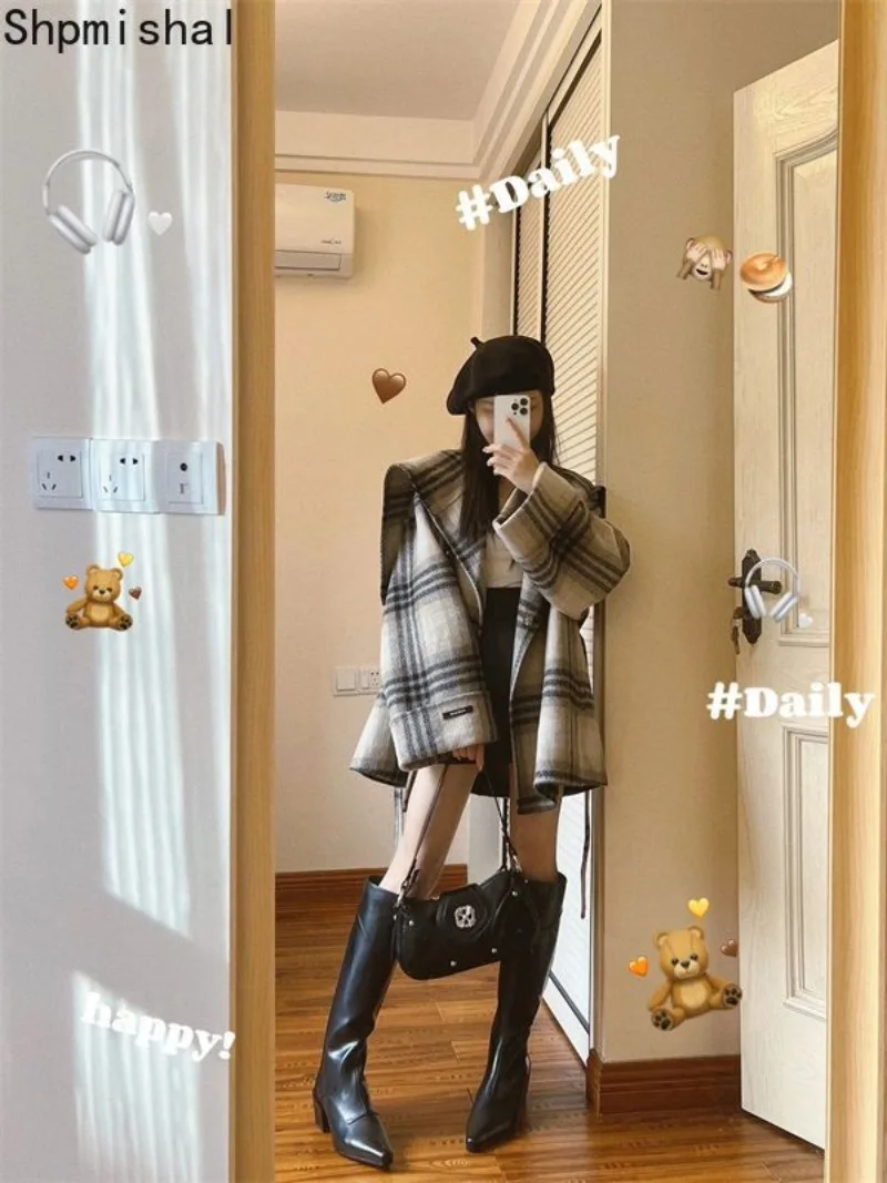 Зимнее Новое утолщенное винтажное шерстяное пальто в клетку для женщин