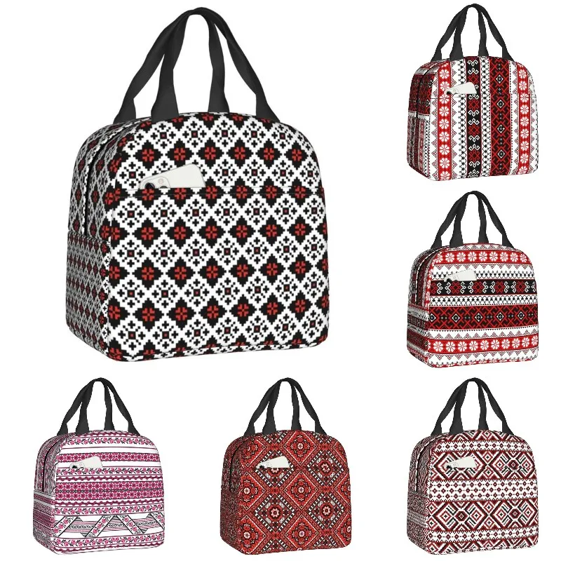 

Ukrainian Traditional Embroidery Ornament Insulated Lunch Bag Portable Ukraine Boho Ethnic Cooler Thermal Lunch Box Office Work