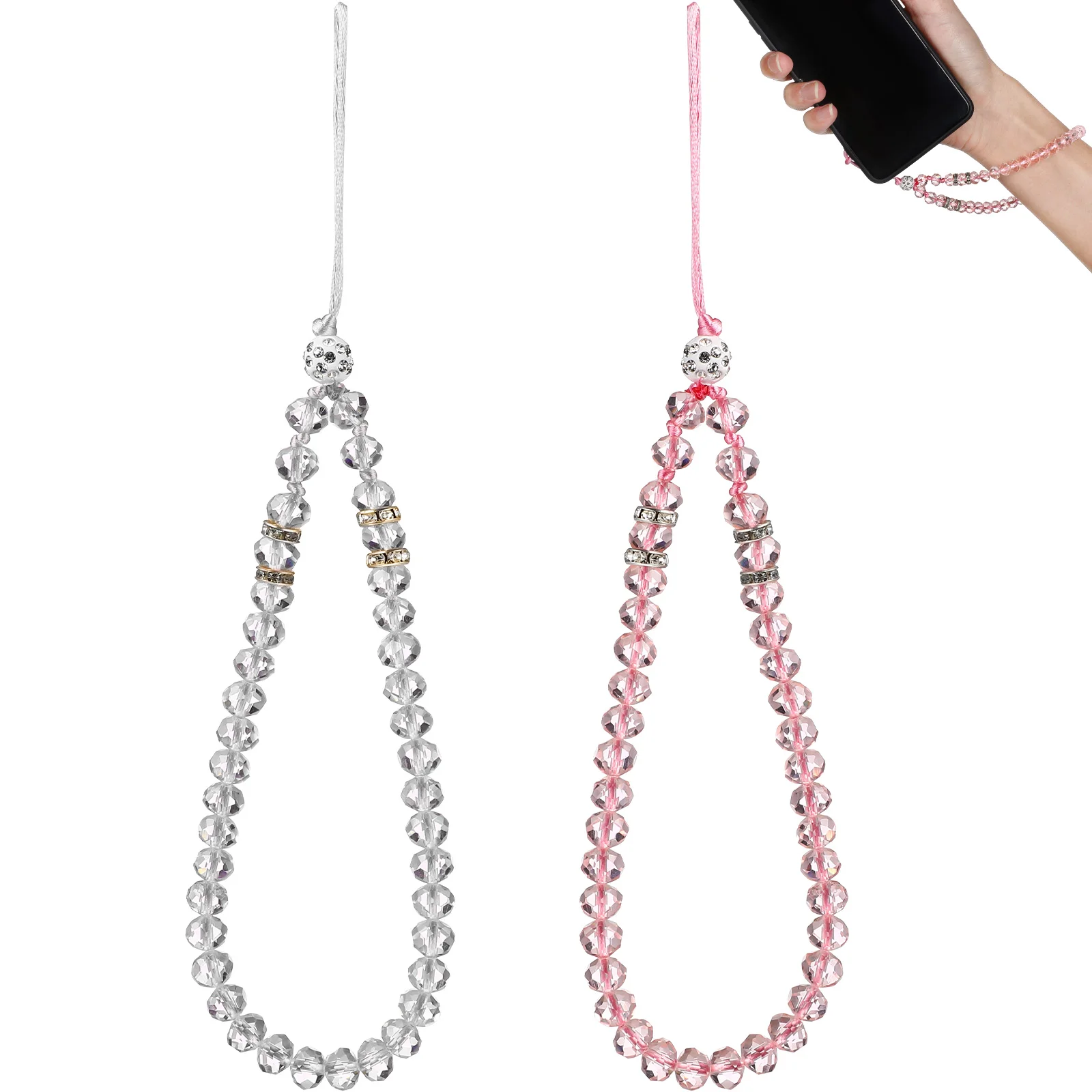 

2 Pcs Beaded Lanyard Crystal Phone Wrist Strap Chain Anti-lost Chains Beads Charm Charms Case