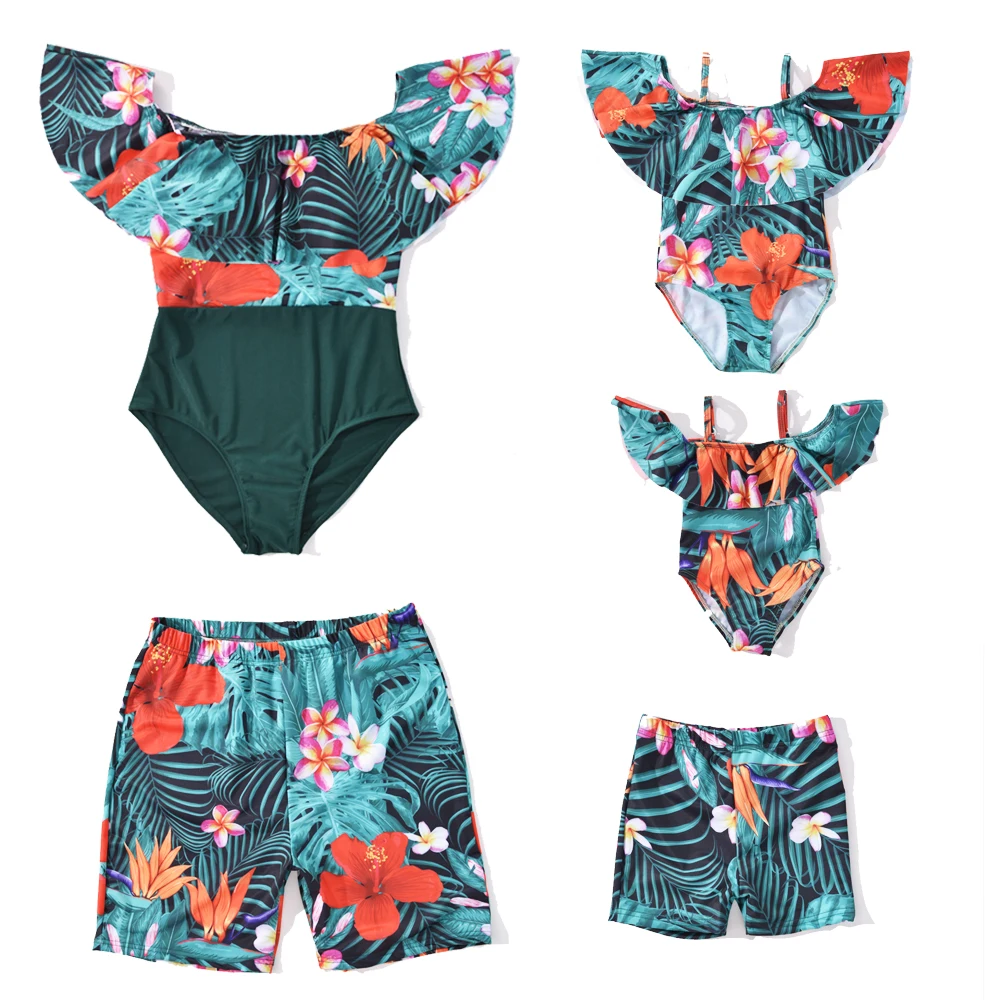 NEW Family Matching Swimsuits Mom and Me Round Neck Swimwear One-Piece Swimsuit Family Look Dad Son Swim Trunks Shorts