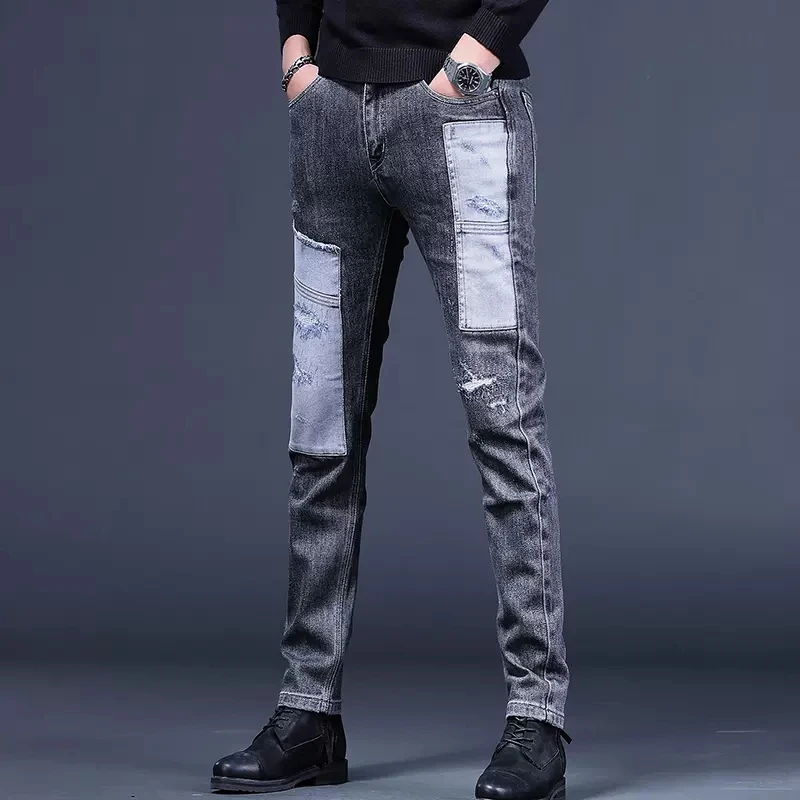 Fashion Patchwork Ripped Jeans Men Autumn Slim Fit Straight Pants Korean Style Streetwear Black Gray Denim Trousers CP2007