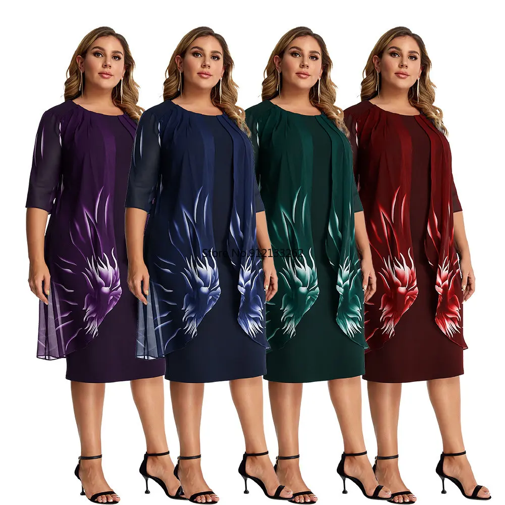

Summer 2023 New Arrival Women Fashion Style Half Sleeve O-neck Polyester Printing Knee-length Dress L-5XL Dresses for Women