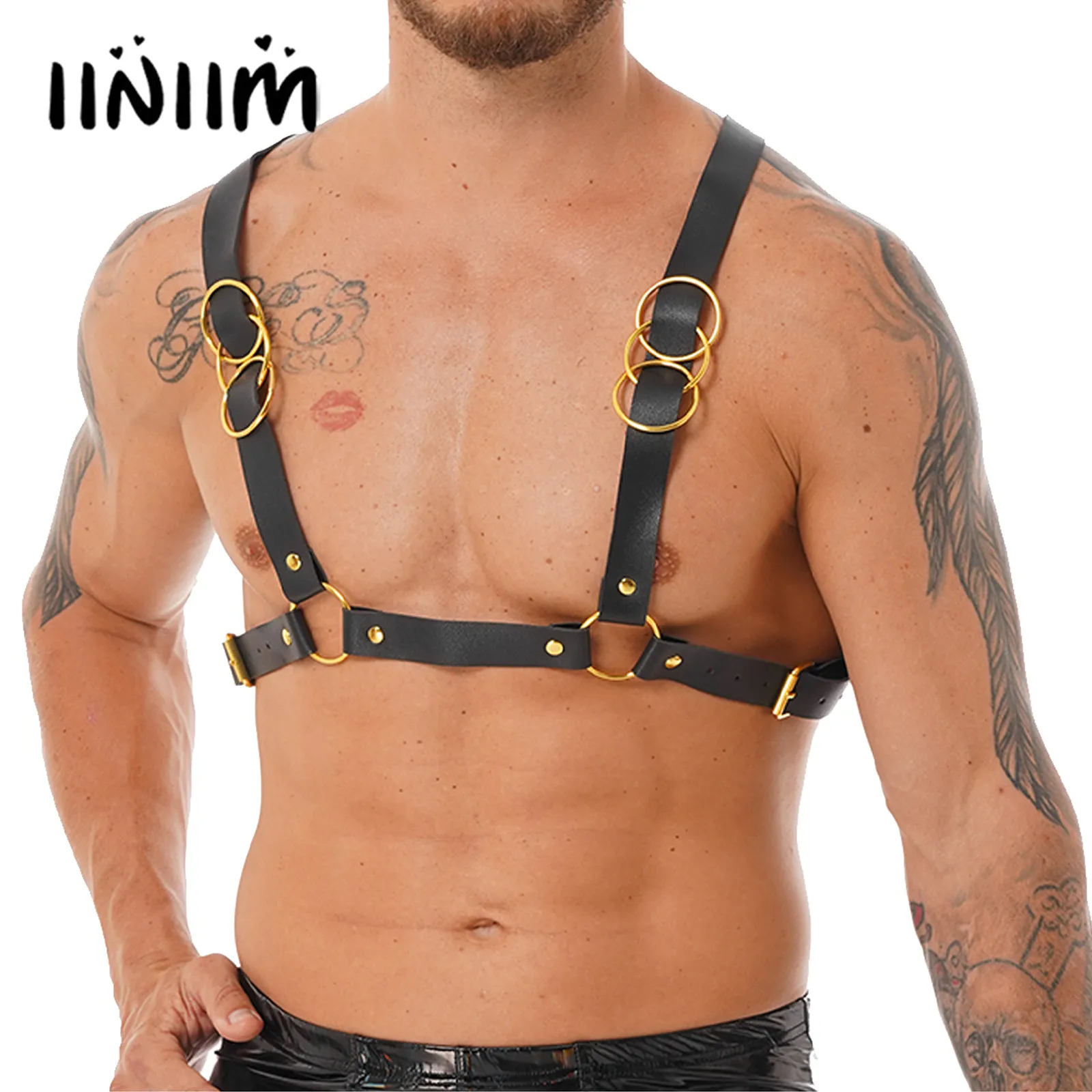 

Mens Metal O Ring Faux Leather Harness Belt Shoulder Chest Straps Costume Accessories Night Club Cosplay Rave Festival Harness