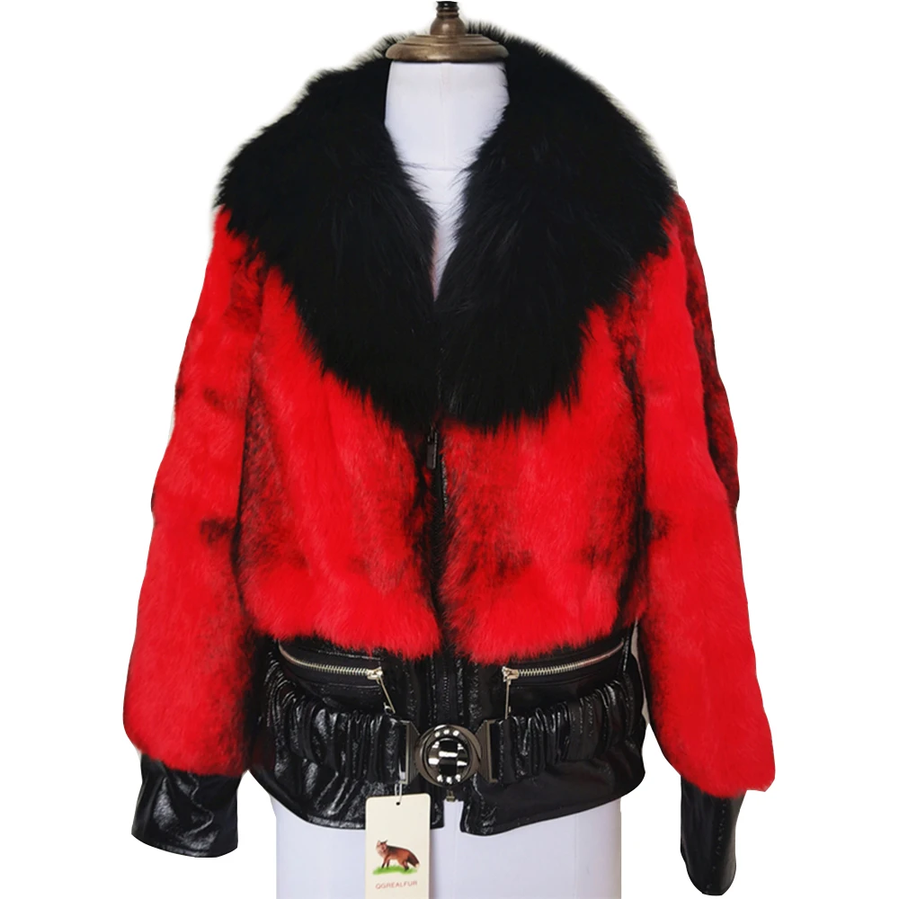 New Winter Women Real Rex Rabbit Fur Coat Leather Jacket Natural Angora Rabbit Fur Outerwear Large Fox Fur Collar Thick Warm Zip