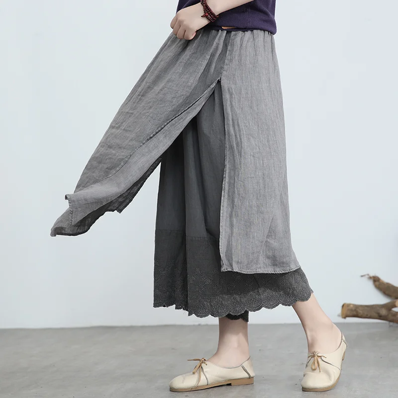 

Women Pants Cotton Linen 2020 Spring Summer New Wide-legged Loose Fake Two Elastic Waist Hollow Out Fashion Women Trousers