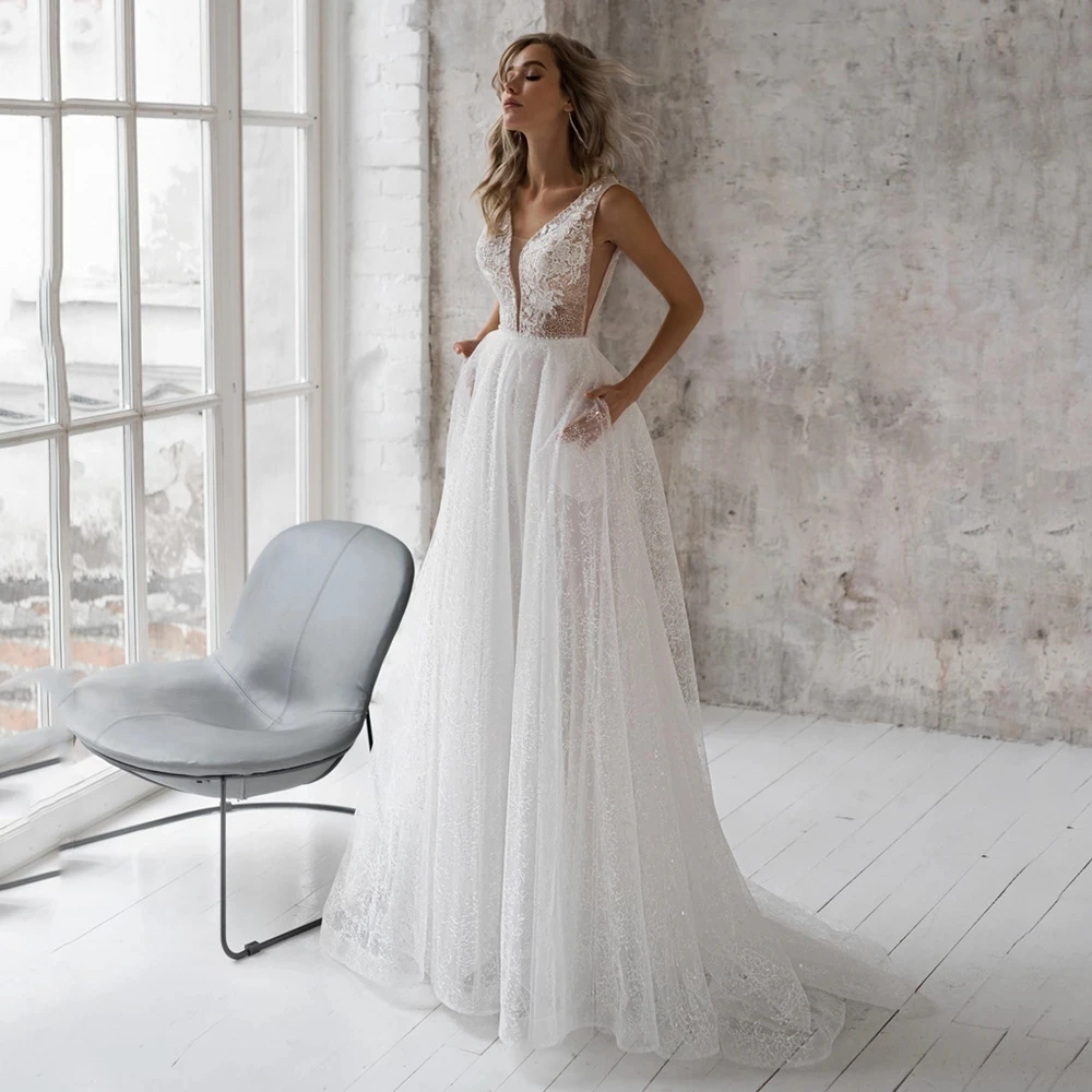 

Chenxiao Wedding Dress Elegant Glitter A-Line V-Neck Lace Appliques Sleeveless Beading Bridal Gown Sexy Brides Vestido De Novia