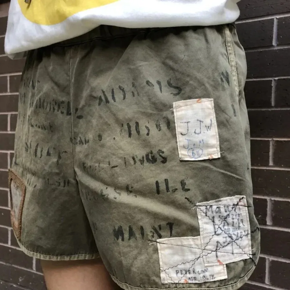 Фото Модные повседневные шорты KAPITAL 21SS с надписями Hirata и Hiroshi, с эффектом потертости, на эластичной талии, из плотной ткани, с эффектом стирки №4