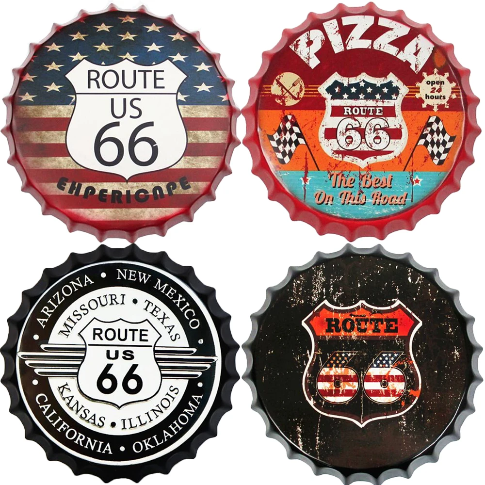 

Route 66 Vintage Beer Bottle Cap Retro Plaque Wall Decor Metal Tin Signs Poster Room Bar Wall Decoration 35cm Round Metal Poster