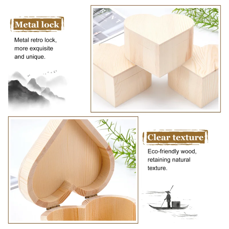 4Pcs New Heart Shape Wood Box Earring Ring Necklace Jewelry Storage Boxes Wedding Gift Cosmetic Organizer Case 12.7x13.25x7.05cm