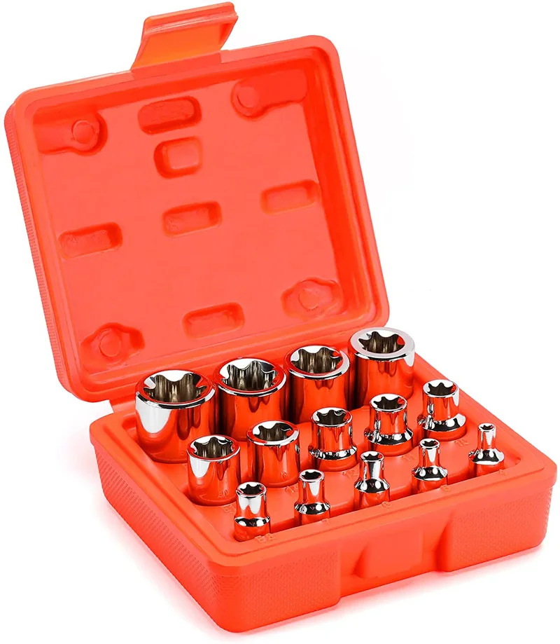 

Набор из 14 гнездовых розеток Star E Torx, привод 1/4 дюйма, 3/8 дюйма, 1/2 дюйма, E4- E24, комплект инструментов для внешнего крутящего момента, комплект г...