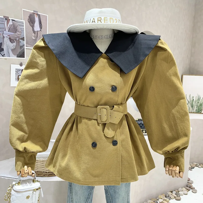 

New Women's Clothing 2022 Autumn Color Contrast lapel temperament versatile double breasted Trench coats With belt
