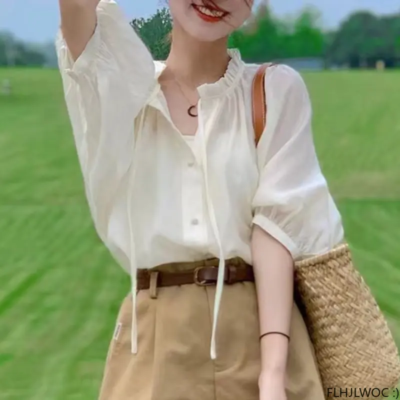 

Bow Tie Ruffles Korea Chic Tops Blusas Holiday Sheer Mesh Thin Transparent Button Shirt FLHJLWOC 2023 Design Women Blouses