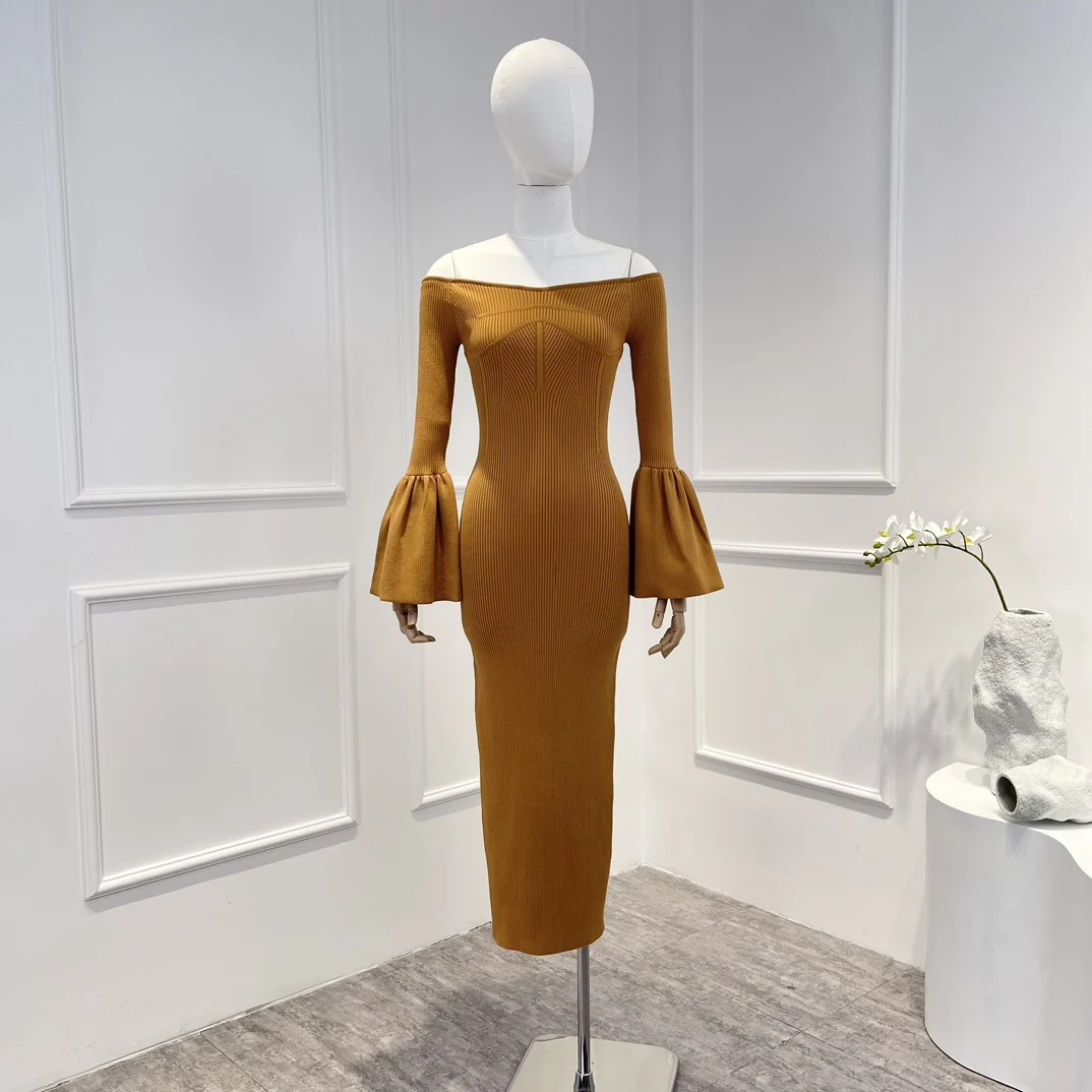 

Top Quality Yellow Knitted Sweater Slim Midi Dress Lady New Arrival 2022 Autumn Winter Flare Sleeve Elegant Off Shoulder Clothes