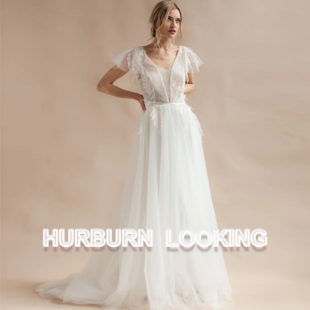 

HERBURN Feather Delicate Wedding Dresses Marriage Deep V-Neck Beach Buttons Chapel Train Appliques Bride Gown Drop Shipping