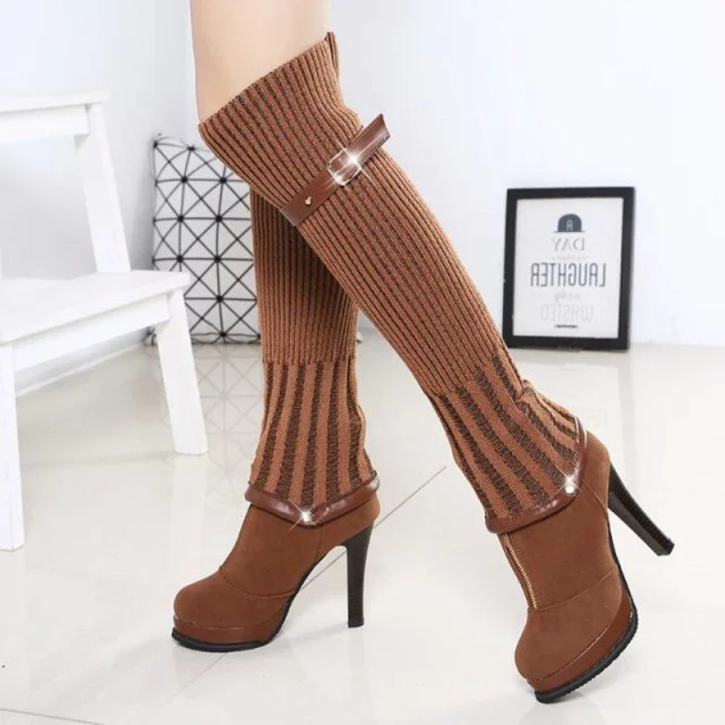 

Sock Boots For Women Club Shoes 2022 Thick Platform Stretch High Boots Winter Warm Over-the-Knee Boots 11cm Thin Heels Sexy Shoe