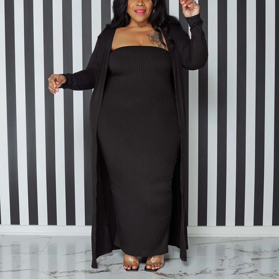 Plus Size Two Pieces Sets Outwears & Long Dress Bodycon Strapless High Waisted Ankle Length Elegant Evening Party Long Cloth Set