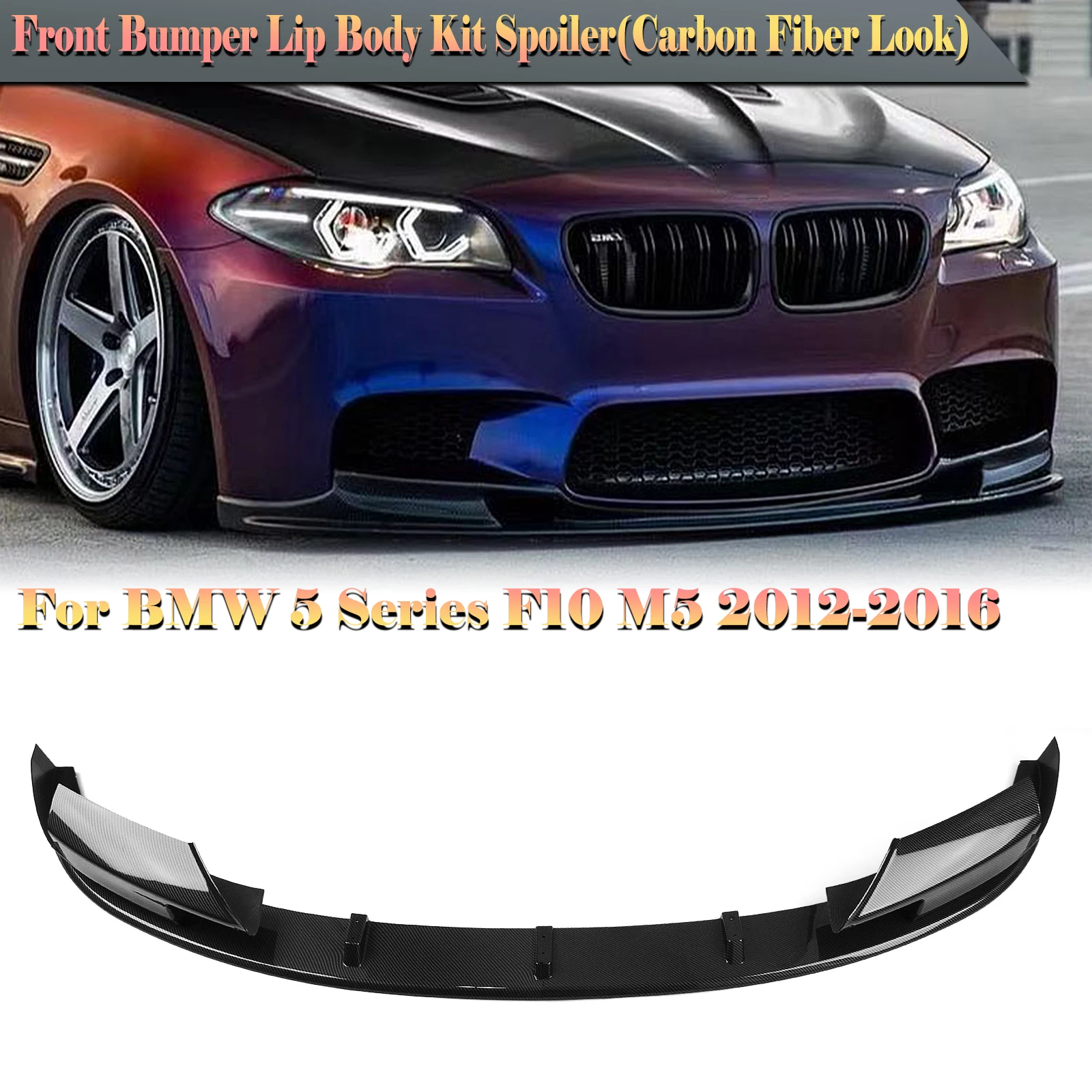 

For BMW 5 Series F10 M5 Only 2012-2016 Carbon Fiber Look Front Bumper Spoiler Lip Blade+Car Lower Side Splitter Corner Cover Kit