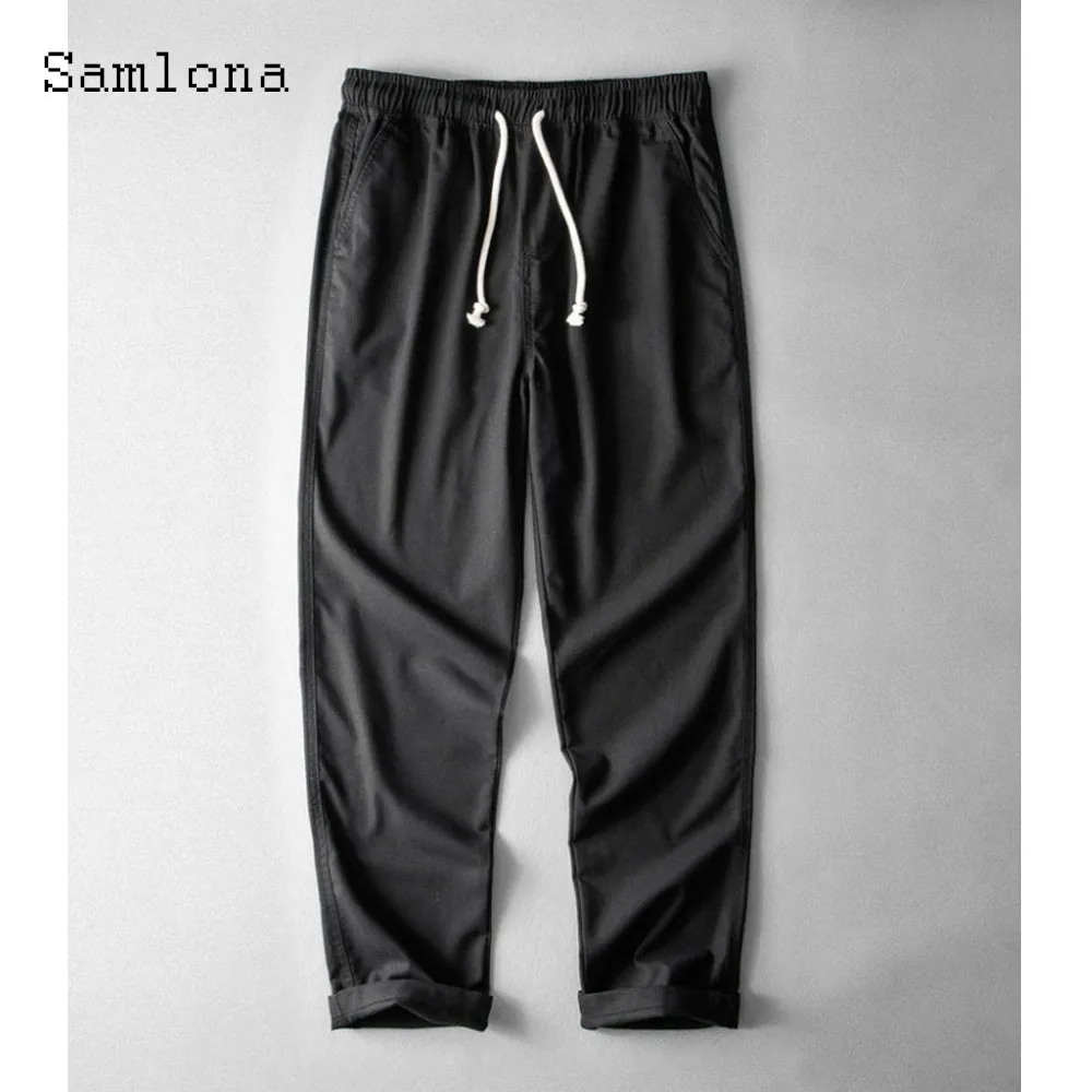 Брюки мужские льняные однотонные с поясом на резинке и карманами