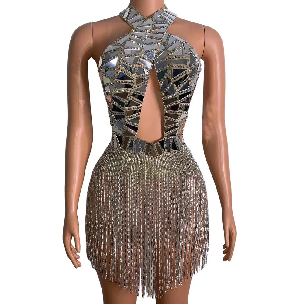 

Halter Cross Hollow Out Shining Mirror Sequins Tassel Sexy Backless Dress For Women Prom Dance Clothing Bar DJ Wears