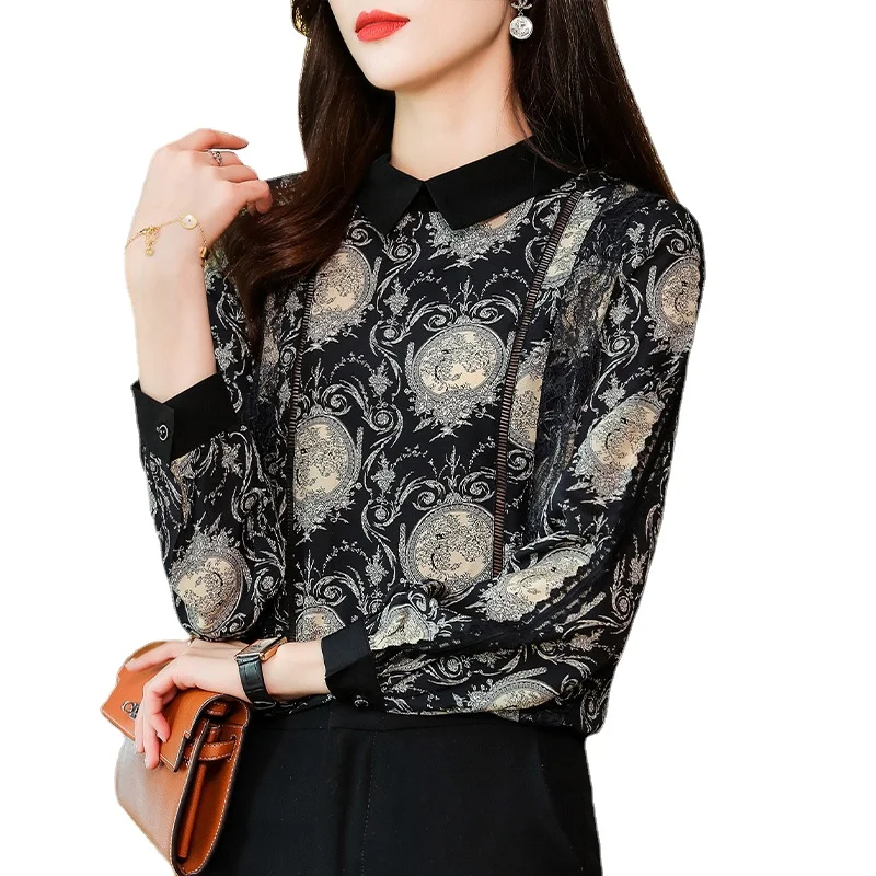 Mulberry Silk Shirt Female Spring and Autumn Design 2022 Temperament Doll Collar Top Long Sleeve Printed Silk Style Shirt