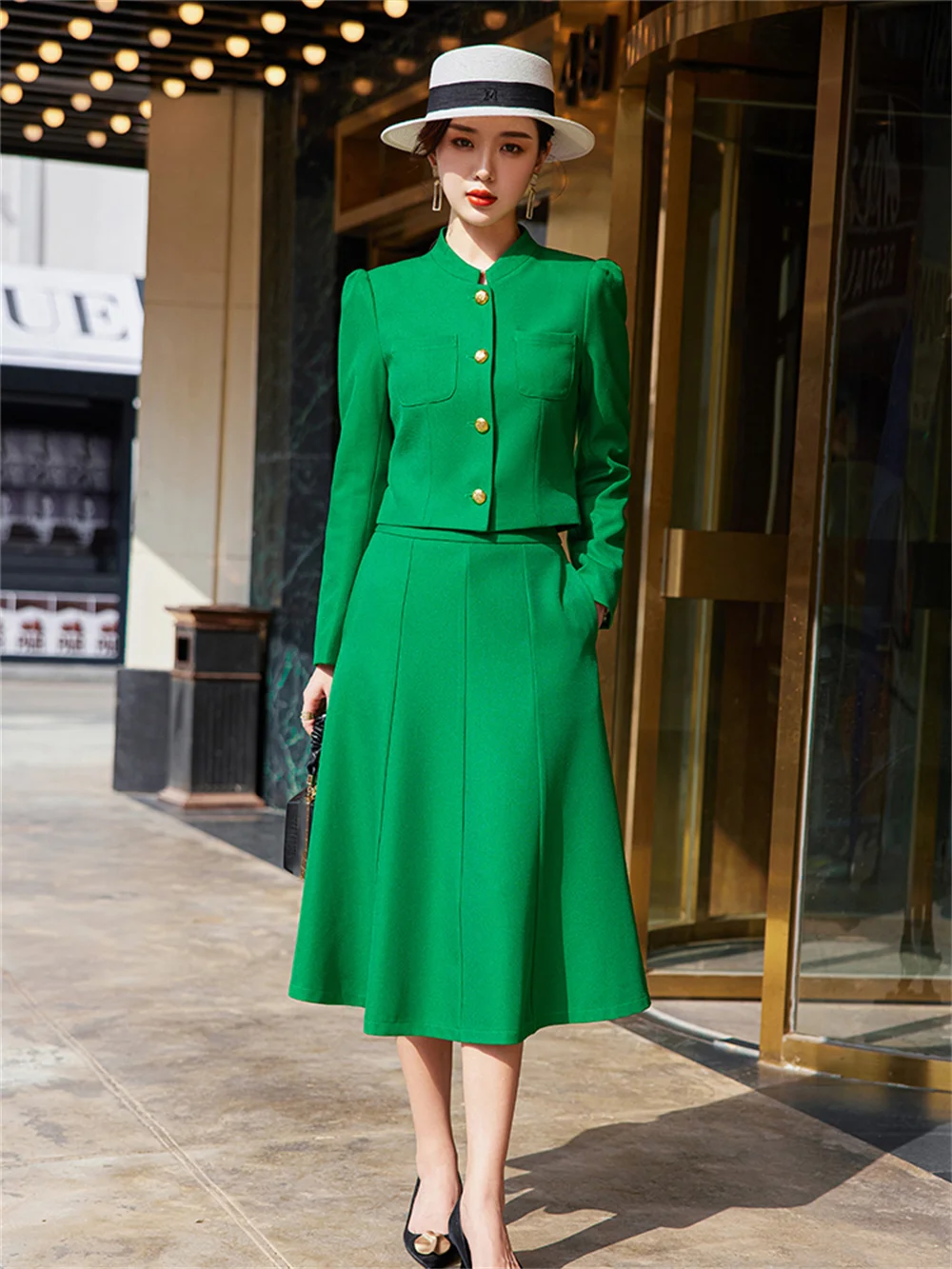 Green Women Dresses Set 2023 New in Female Casual Long Sleeve Jacket with Skirt Elegant Office Lady Formal Two Piece Skirt Suit