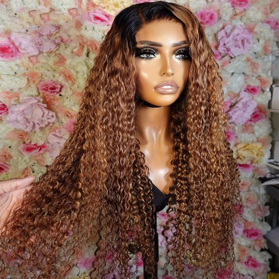 

Preplucked 26Inch Long 180%Density Glueless Ombre Honey Blonde Brown Kinky Curly Lace Front Wig For Black Women BabyHair Daily