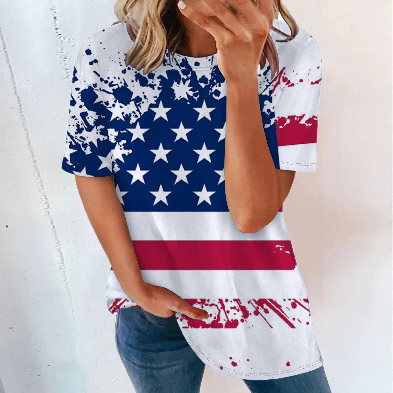 

Shirts For Women Short Sleeve USA Flag Print Casual Tee Shirts Summer Casaul O Neck Tee Tops Black Space