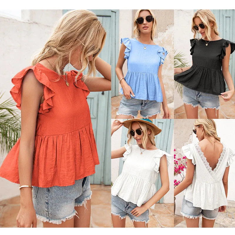 

2022 Summer Casual O Neck Sexy Backless Lace Patchwork Women T Shirt Fashion Butterfly Sleeve Ruched Elegant Lady Simple T Shirt