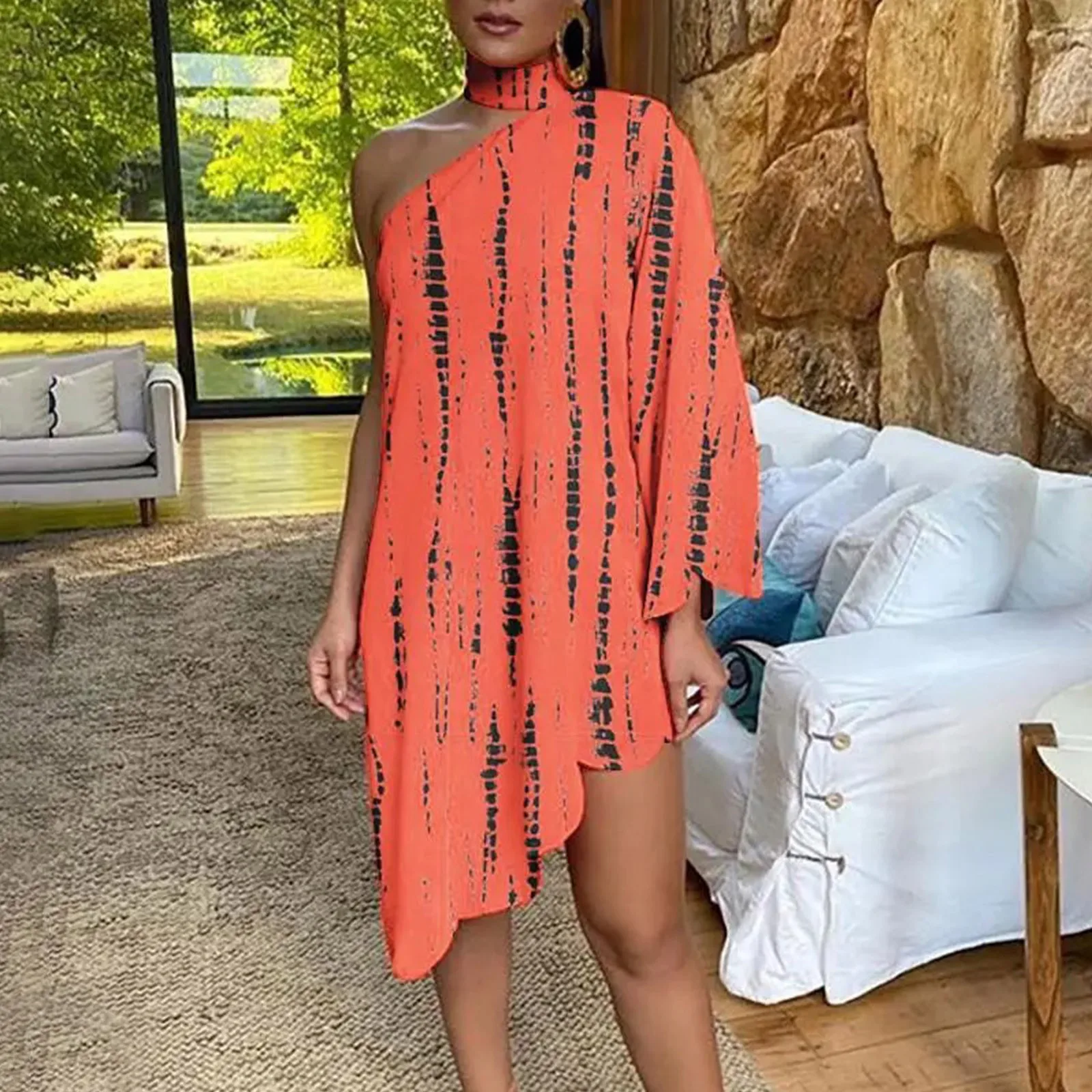 

Summer Dress For Women One Shoulder Half Bat Sleeve Print Casual Dresses Loose Beach Mini Sun Dress Loose Summer Dress for Women