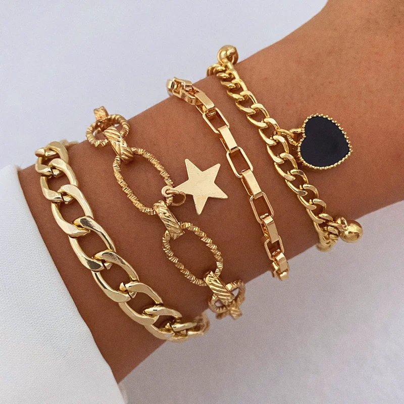 

4pcs Thick Kpop Bracelets Creative Minimalist Multi Layer Personality Punk Metal Chain Retro Adjustable Bracelet Fashion Jewelry