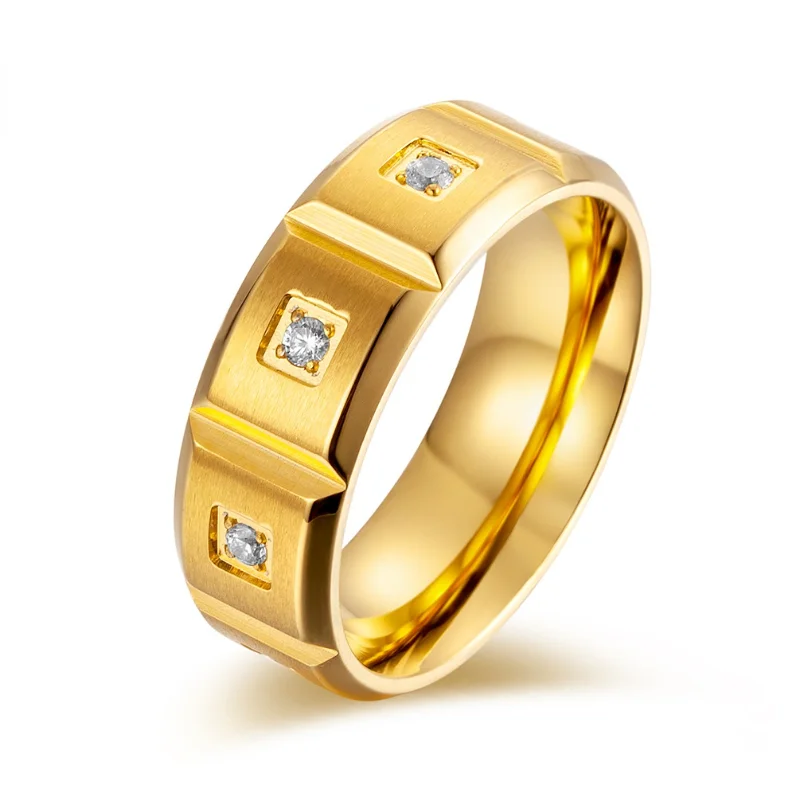 

Fashion Stainless Steel Ring Matte Brushed 18K Gold Rhinestone Couple Ring Jewelry Gift