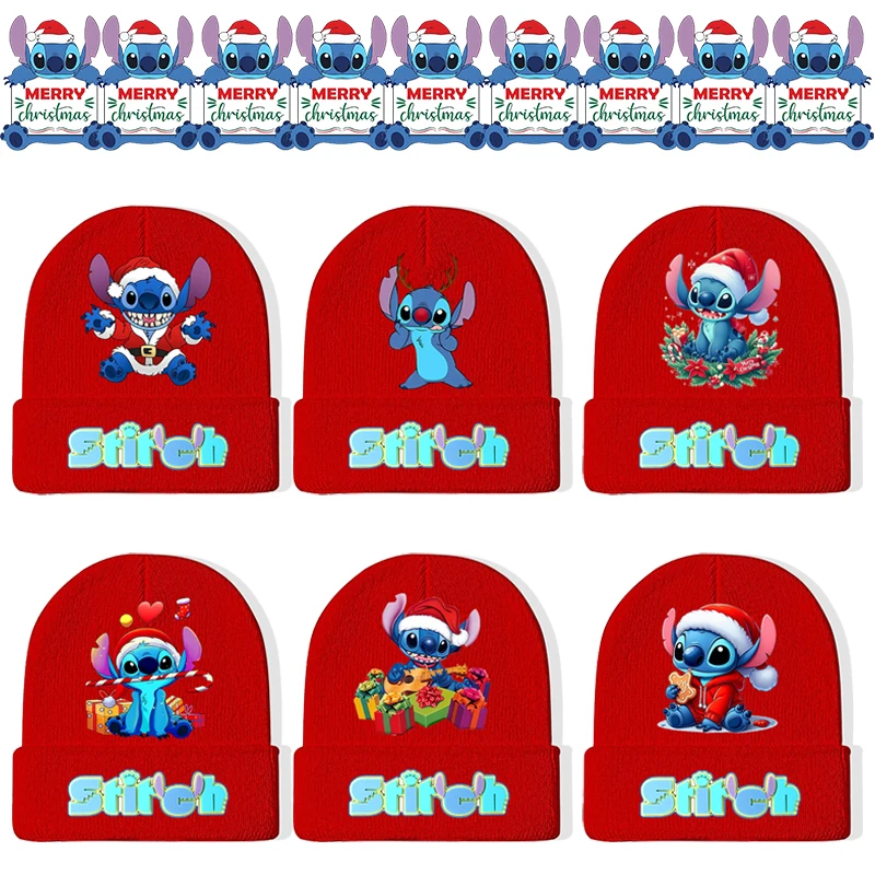 Вязаные шапки Disney Stitch рождественский красный наряд для мужчин и женщин детская