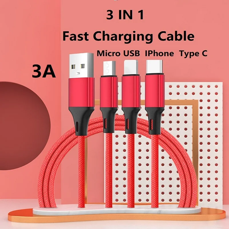 

3A Multi Charging Cable 1.2m 3 in 1 Fast Charger Cord Braided Universal USB Cable Adapter IP/Type C/Micro Port for Cell Phone