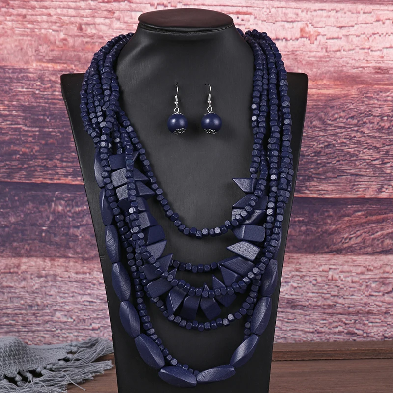 Ожерелье и бижутерия круглое деревянное ручной работы 7 слоев 1 комплект