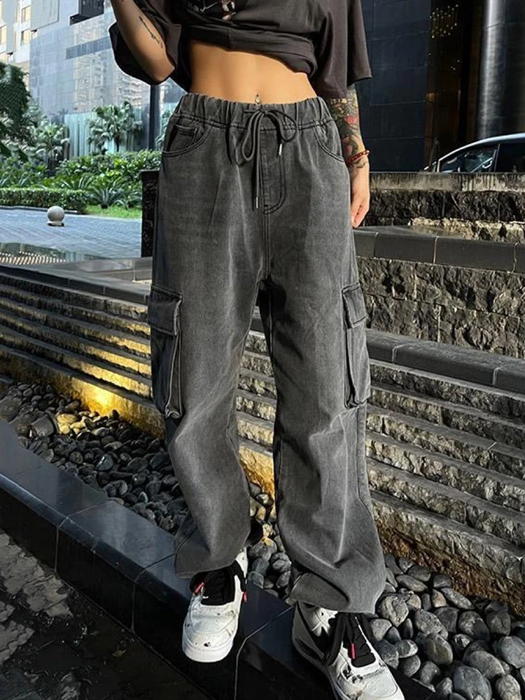 

Sifreyr Women's Jeans Vintage High Waist Baggy Cargo Denim Trousers Harajuku Pockets Hip Hop Y2K Grunge Pants Gray Mom Jeans 90s
