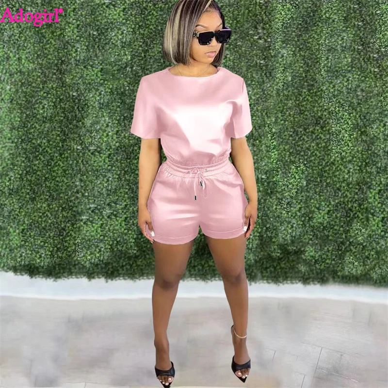 

Adogirl Solid PU Leather 2 Piece Sets Women Short Sleeve T Shirts Crop Tops And Shorts Fashion Casual Suits Night Clubwear