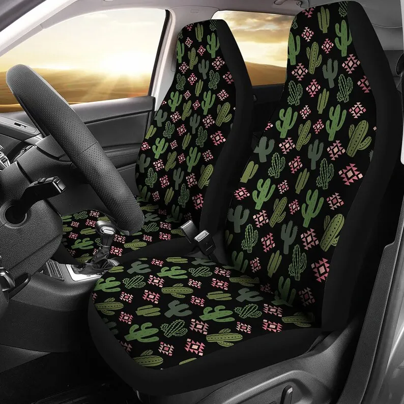 

Cactus Car Seat Covers Set Green and Pink Boho Tribal Southwestern Pattern on Black Set of 2 Car Accessories Desert Native Ethni