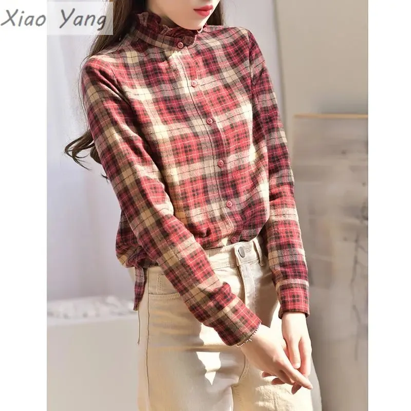 

warm plaid shirt women's spring and winter thickened shirt 2022 new spring ears stand collar long sleeves blouse CYN2022-0022