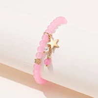 gold tone little star charm bracelet pink little beads stretch for girls women bracelet