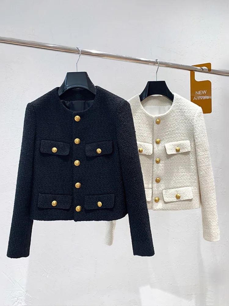 

New Autumn Small Fragrance Elegant Tweed Jacket For Women Korean Casual Vintage Woolen Short Coat Femme Outerwear