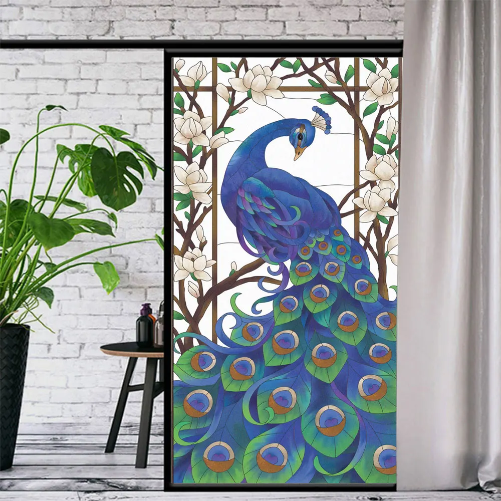 

Static Cling Window Film Privacy Heat Control Anti UV Blocking Window Stickers Peacock Decorative Frosted Window Film