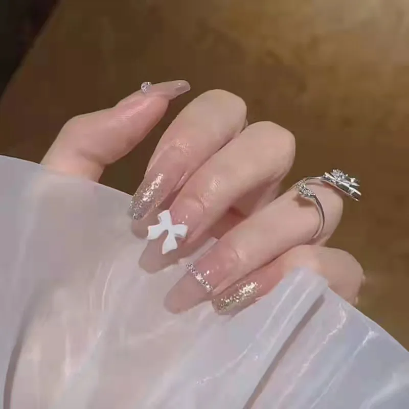 

24pcs Shiny Butterfly Long Coffin False Nails Detachable Wearable Gold Foil Ballerina Fake Nails Full Cover Nail Tips Press Glue