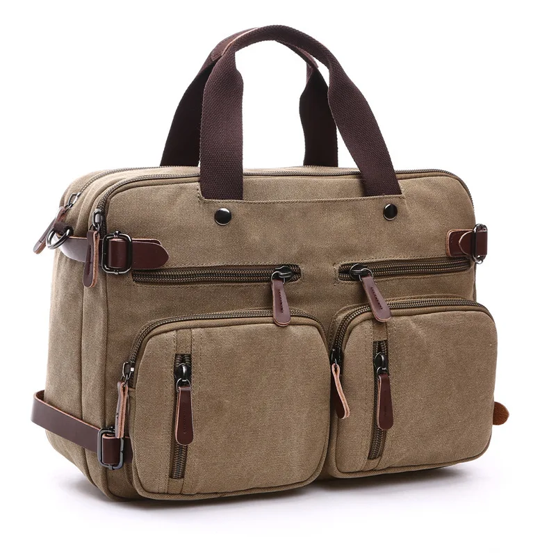 2022 New Men Canvas Bag Leather Briefcase Travel Suitcase Messenger Shoulder Tote Handbag Large Casual Business Laptop Pocket