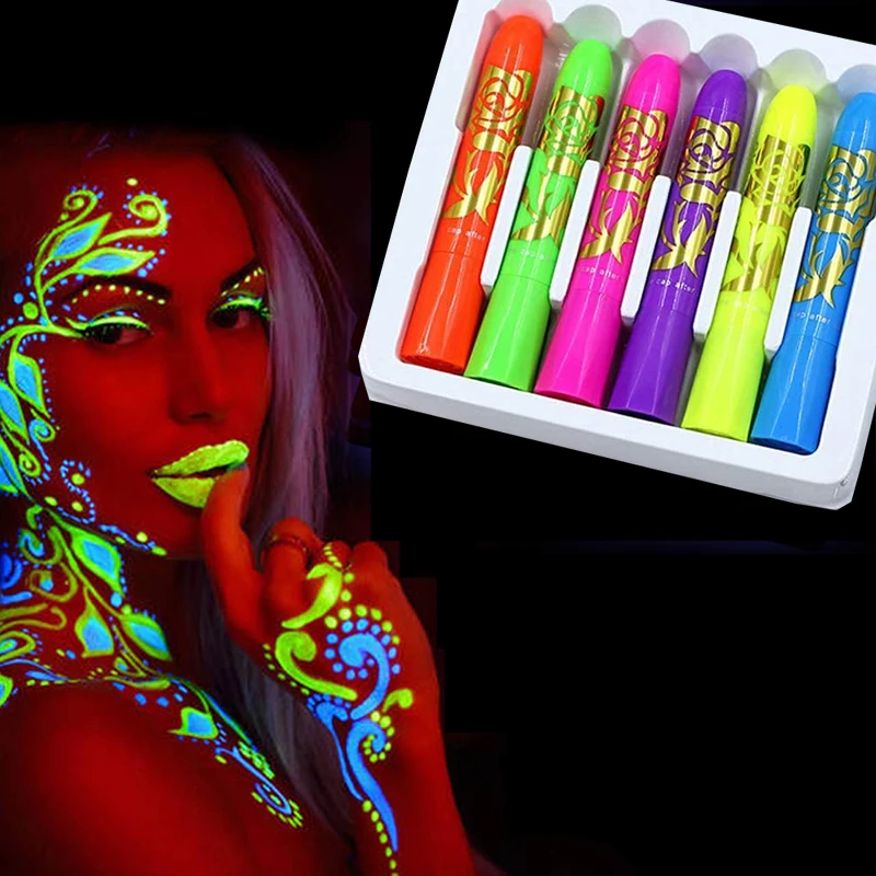 6pcs Halloween Glow in the Dark Face Black Light Paint Uv Neon Face & Body Paint Crayon Kit Fluorescent Makeup Marker