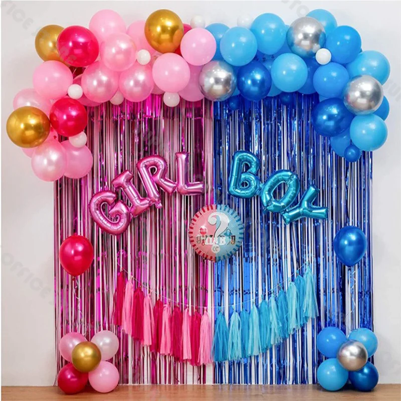 

75/77/84pcs Blue and Pink Metallic Fringe Curtains for Gender Revealing Parties with Boy or Girl Foil Balloons and Latex Balloon