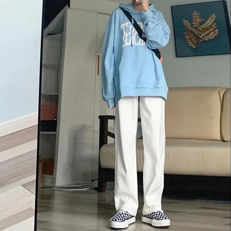 

Jeans women's white jeans women's autumn new Korean version versatile loose and thin straight pants wide leg mops