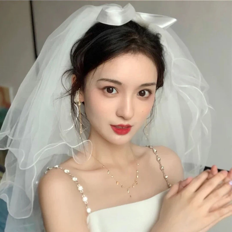 

White Deer Same Super Fairy Short Small Headdress Bride's Wedding Photography Registration Bowknot Poncho Headdress