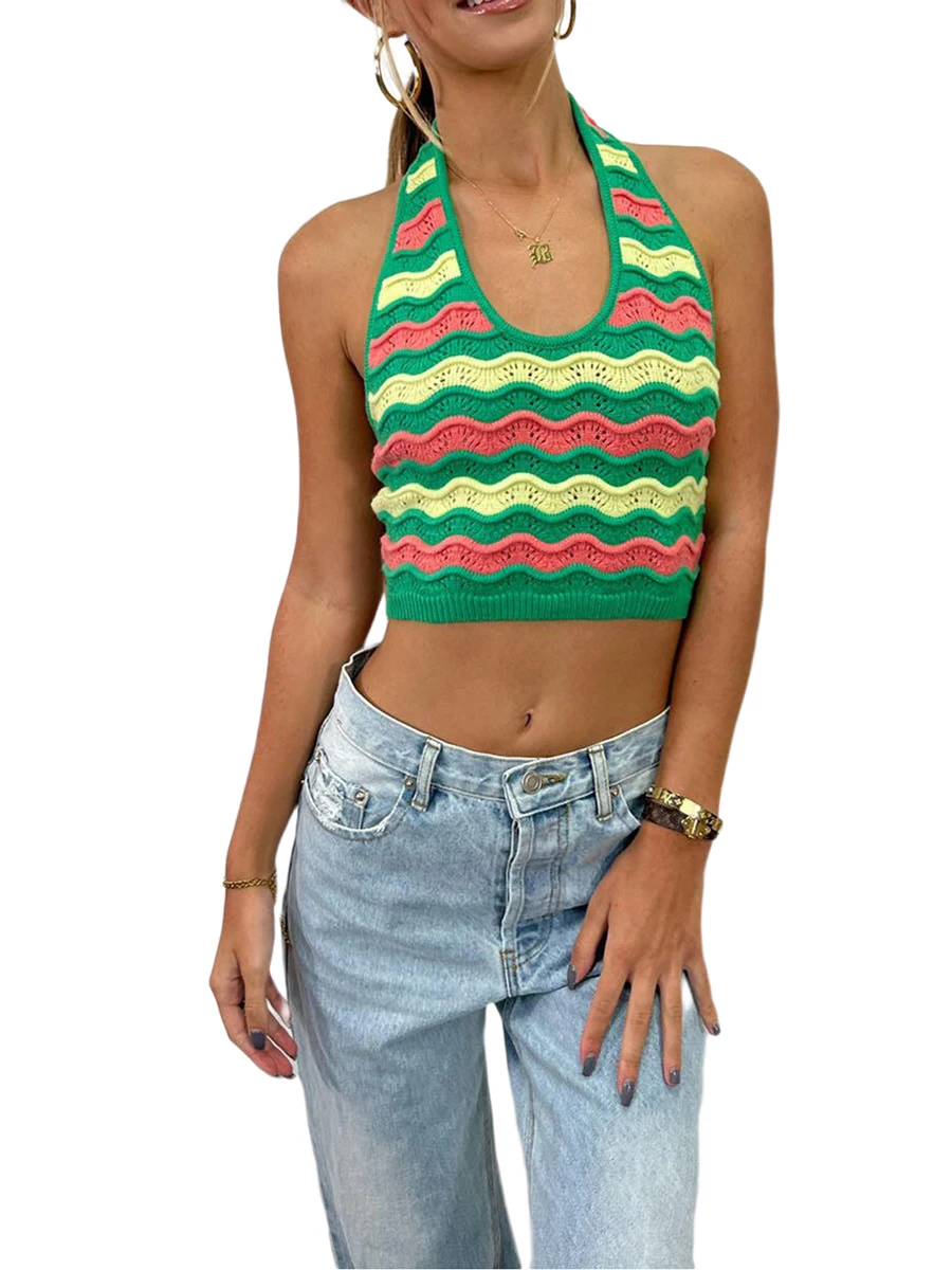 

Женский трикотажный топ в полоску, с открытой спиной