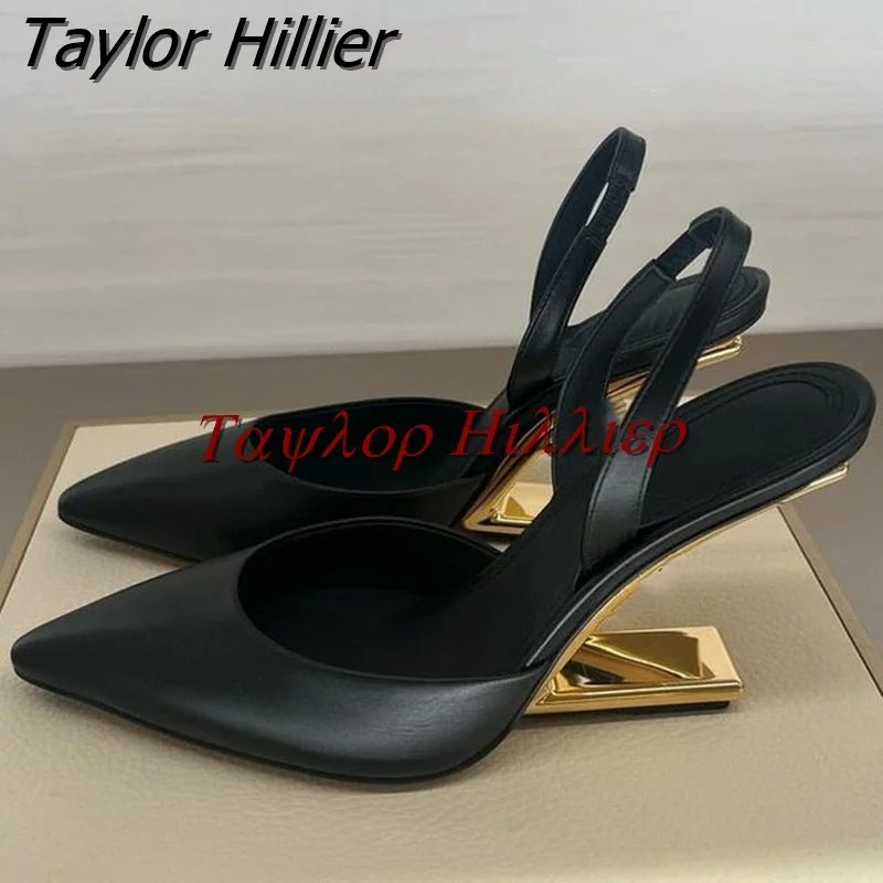 

French Pointed Toe Shallow Mouth Sheepskin Pumps Shoes With Special-Shaped Heel Sandals Fashion Catwalk Summer Plus Size Women'S