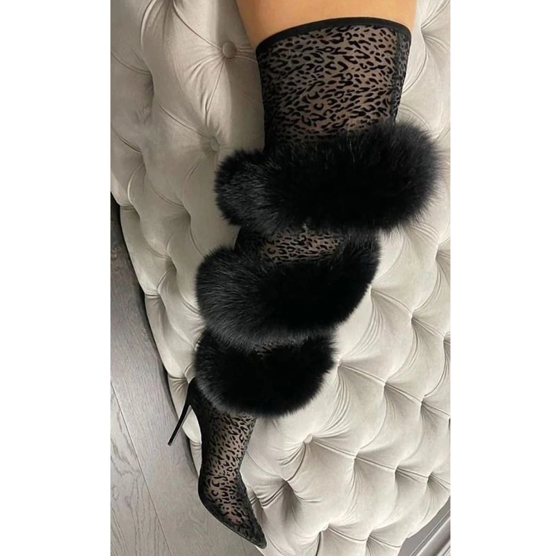 

Luxury Fox Fur Winding Wrapped Thigh Boots Women Zebra Leopard Lace Mesh Pointed Toe Over Knee Boots Runway Fur Boots Feminina